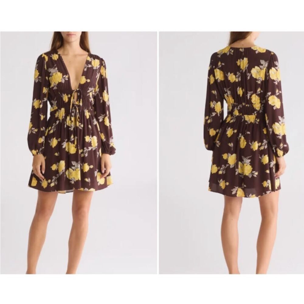 Wayf Rosie Brown and Yellow Floral Puff Sleeve Smocked Mini Dress | S